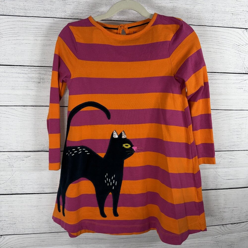 Mini Boden Orange Pink Striped Long Sleeve Dress Cat Applique Sz 5-6